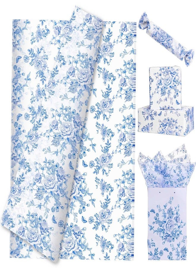 Pineraap 100 Sheets Blue Floral Tissue Paper, Chinoiserie Gift Wrapping Paper Blue Flower Butterfly Peony Printed Tissue Paper for Wedding Baby Shower Birthday Party Decor DIY Crafts,14 x 20 Inch - Image 1